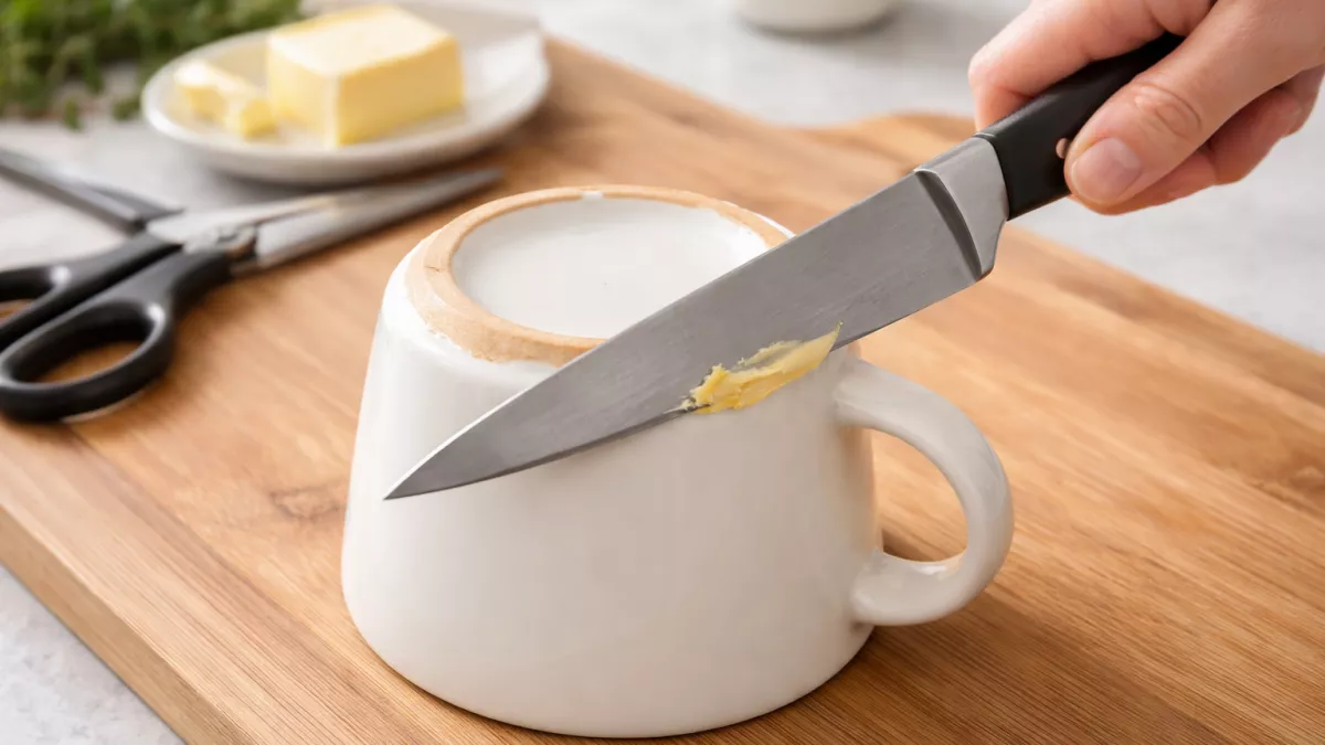 Смазываю кружку сливочным маслом — и ножи снова режут как новые: старый советский способ быстрой заточки